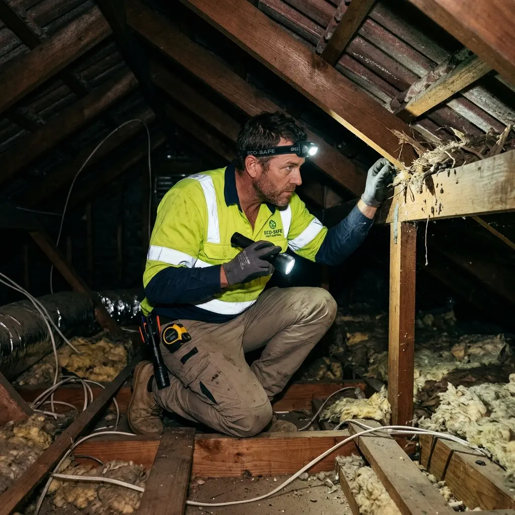 Technician inspecting a roof cavity for a dead animal in Gladysdale