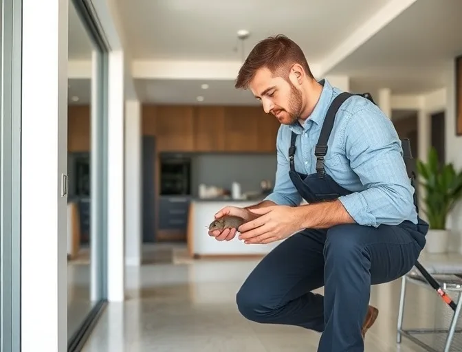 Technician in protective gloves removing a deceased rodent from a wall cavity in Gladysdale
